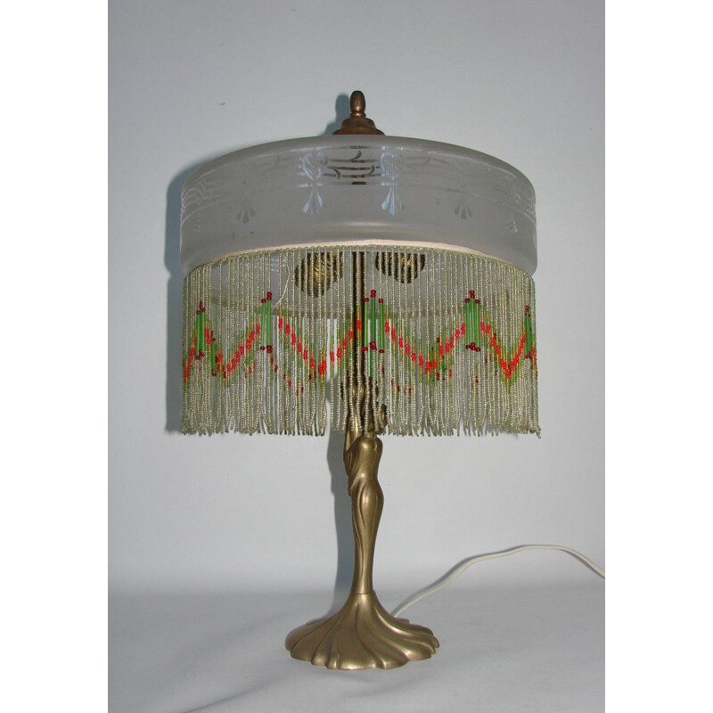Lámpara de mesa vintage de latón y cristal, 1950
