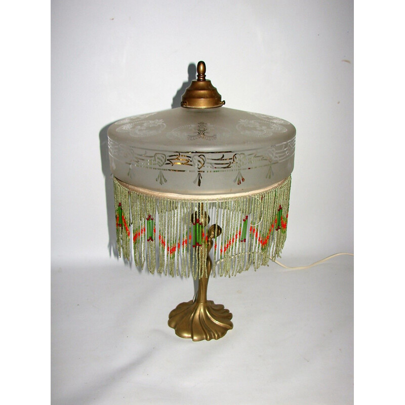 Lampada da tavolo vintage in ottone e vetro, 1950