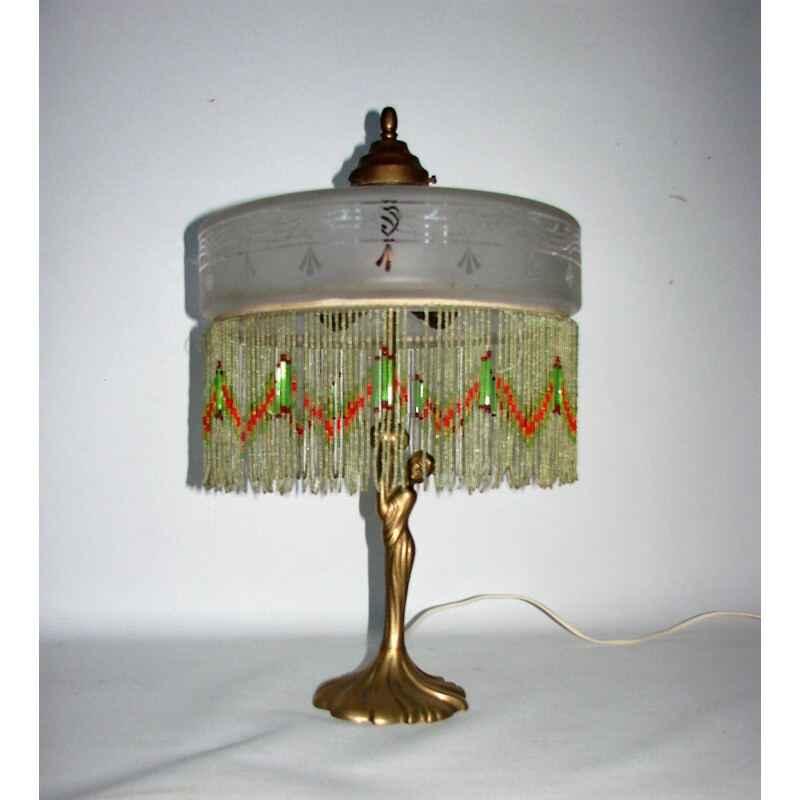 Lámpara de mesa vintage de latón y cristal, 1950