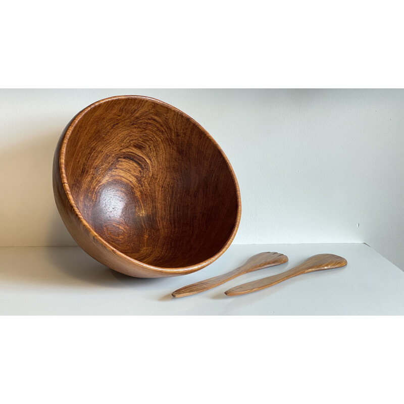 Vintage teak wood salad bowl with cutlery