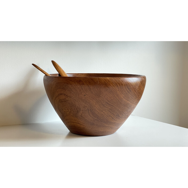 Vintage teak wood salad bowl with cutlery