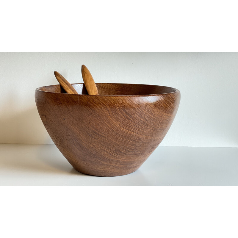 Vintage teak wood salad bowl with cutlery