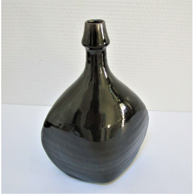 Vintage black glazed stoneware bottle vase by Roland Zobel, 1970s-1980s