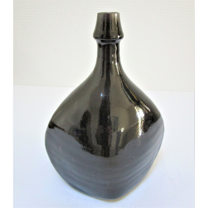 Vintage-Flaschenvase aus schwarz glasiertem Steinzeug von Roland Zobel, 1970-1980