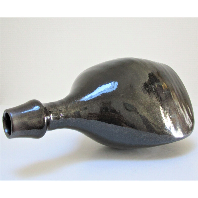 Vintage black glazed stoneware bottle vase by Roland Zobel, 1970s-1980s