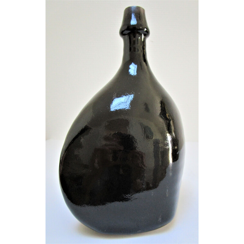 Vase bouteille vintage en grès émaillé noir par Roland Zobel, 1970-1980