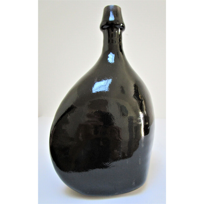 Vintage black glazed stoneware bottle vase by Roland Zobel, 1970s-1980s