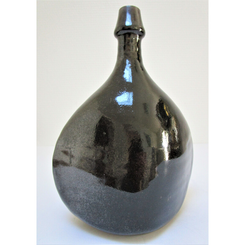 Vintage black glazed stoneware bottle vase by Roland Zobel, 1970s-1980s