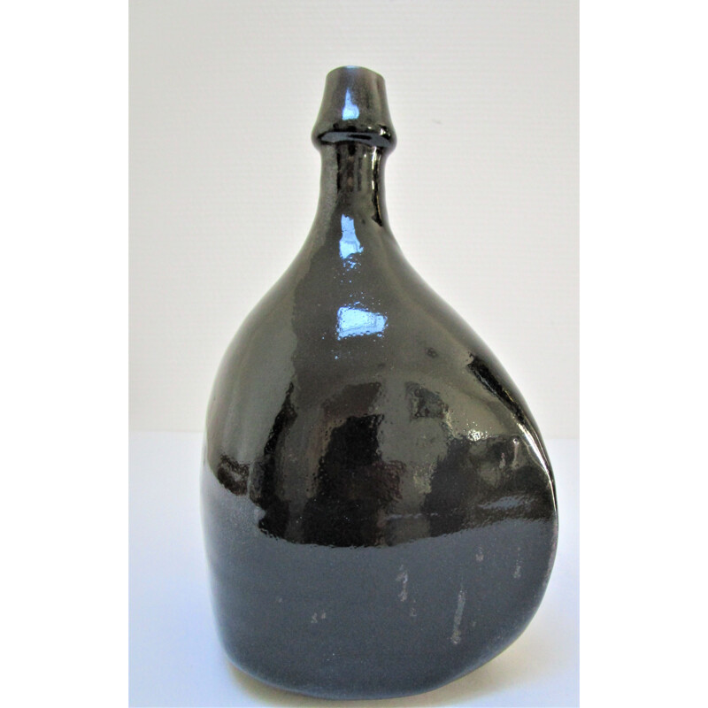 Vintage black glazed stoneware bottle vase by Roland Zobel, 1970s-1980s