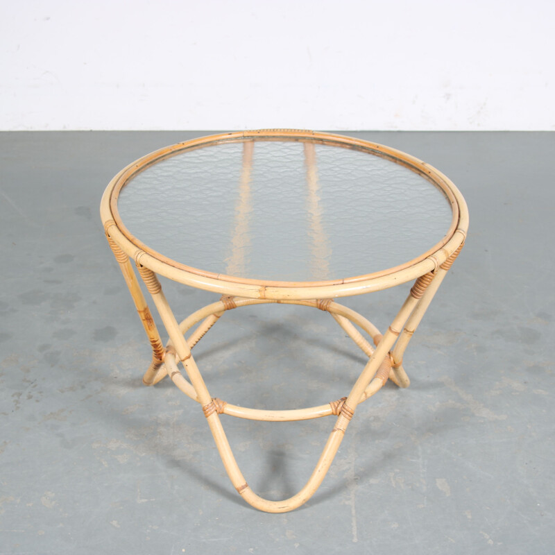 Vintage rattan and glass round coffee table, Netherlands 1950s