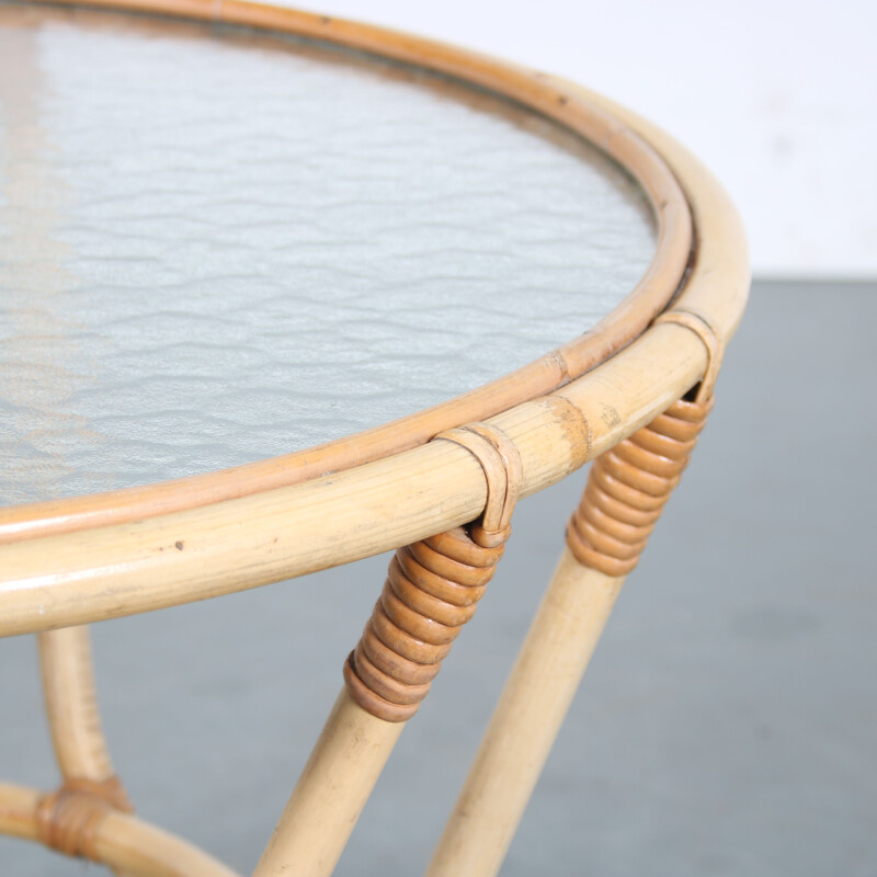 Vintage rattan and glass round coffee table, Netherlands 1950s