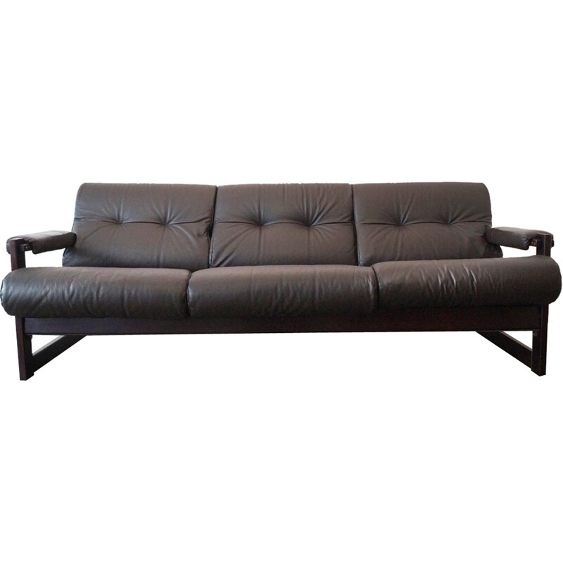 Mid century 3 seater sofa in leather and Jacaranda wood, Percival LAFER - 1950s