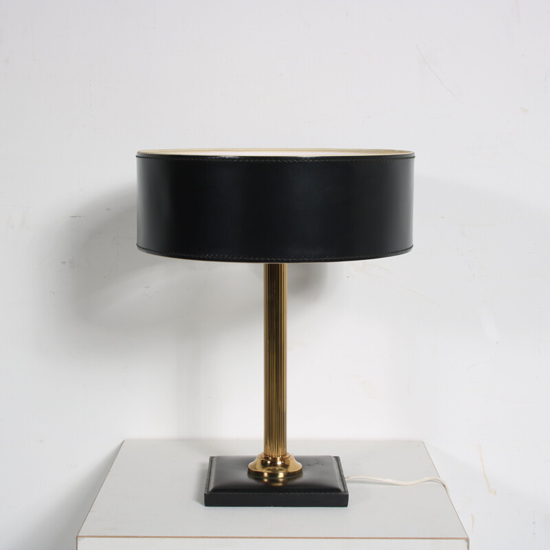 Lampe de table vintage en laiton et cuir, France 1960
