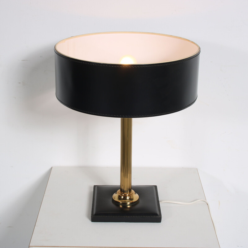 Vintage brass and leather table lamp, France 1960s