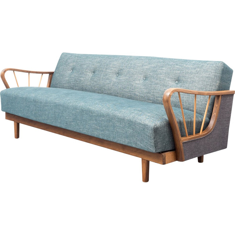 Bicoloured re-upholstered sofa in beech and fabric - 1950s