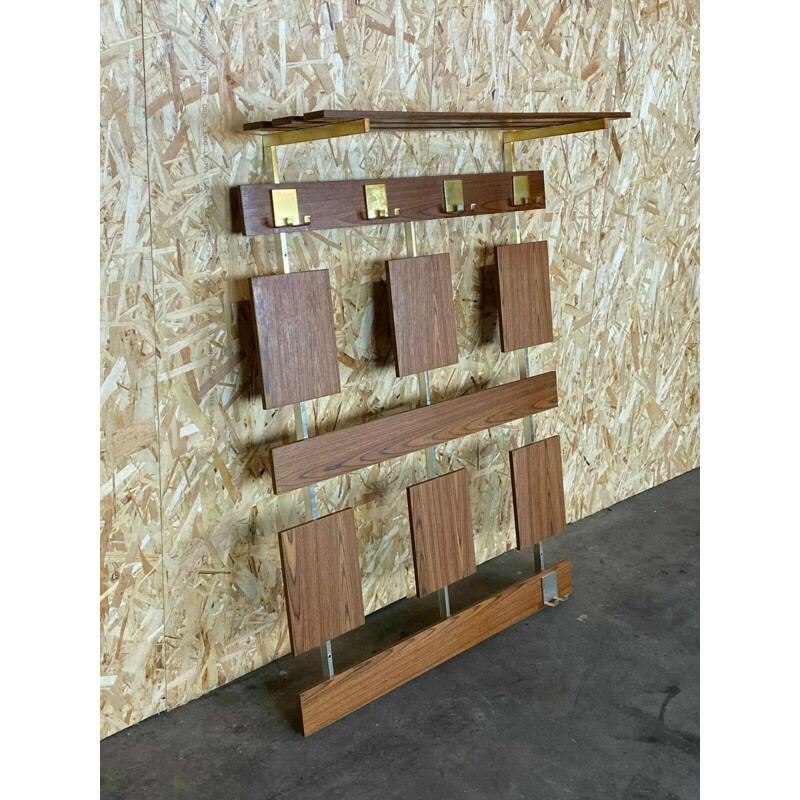 Vintage wall coat rack in metal and teak, 1960-1970s