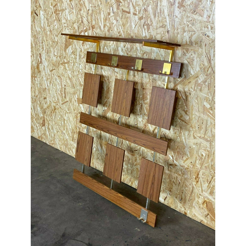 Vintage wall coat rack in metal and teak, 1960-1970s