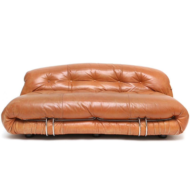 Soriana cognac leather sofa, Tobia SCARPA - 1970s