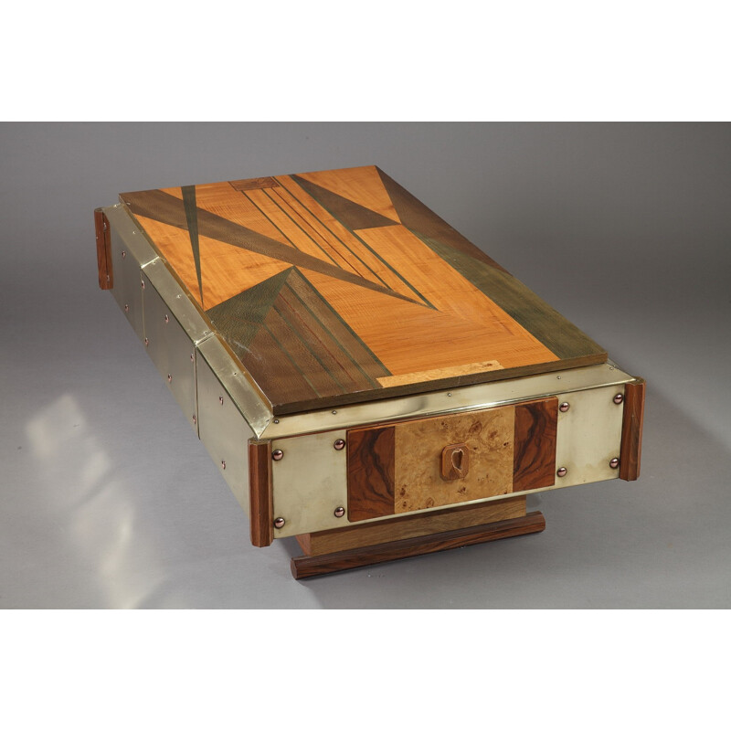 Copper and wood marquetry coffee table - 1970s