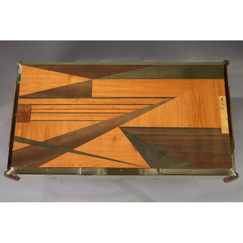 Table basse en marqueterie de bois et cuivre - 1970