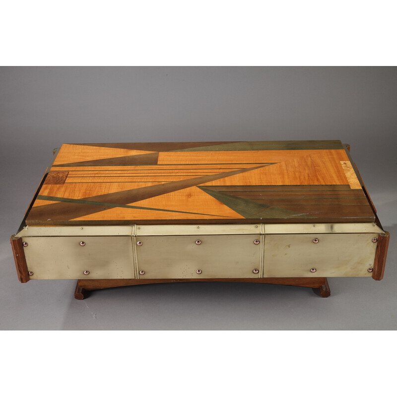 Copper and wood marquetry coffee table - 1970s