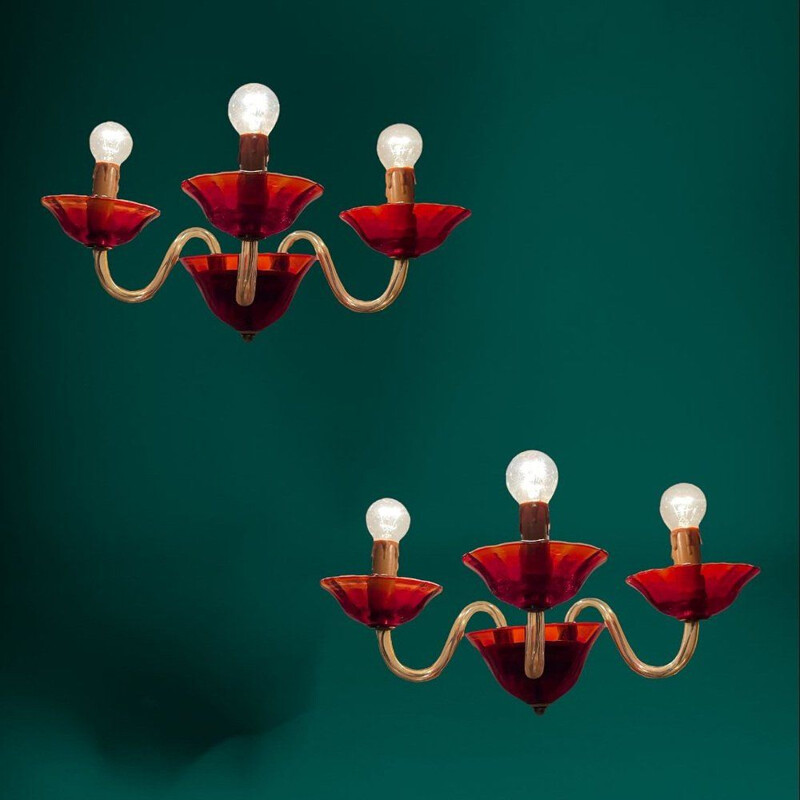 Lampada da parete in vetro di Murano vintage rosso rubino, 1960