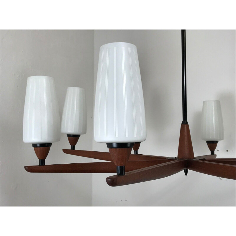 Vintage teak chandelier by Uno & Osten Kristiansson for Luxury, 1960s-1970s