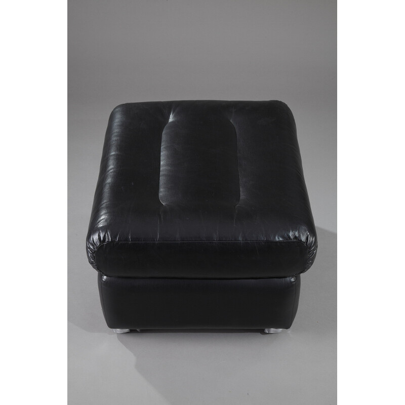 Black leather and metal armchair with ottomane - 1970s