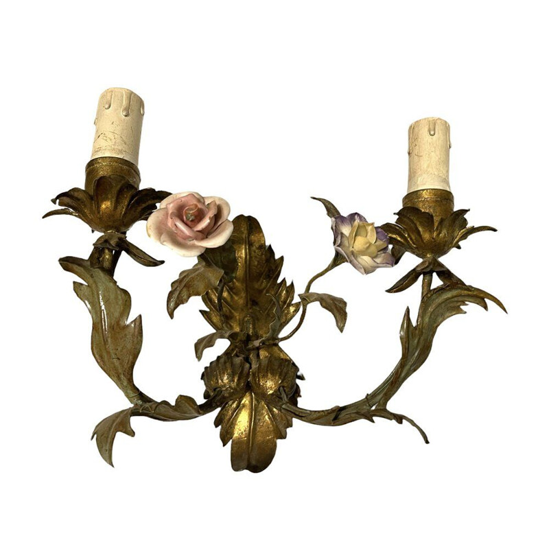 Pair of vintage sconces in gilded sheet metal, Italy 1960