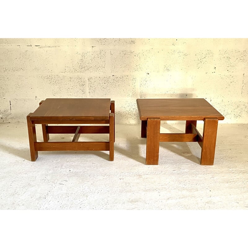 Pair of vintage side tables in solid pine by Charlotte Perriand, 1970s