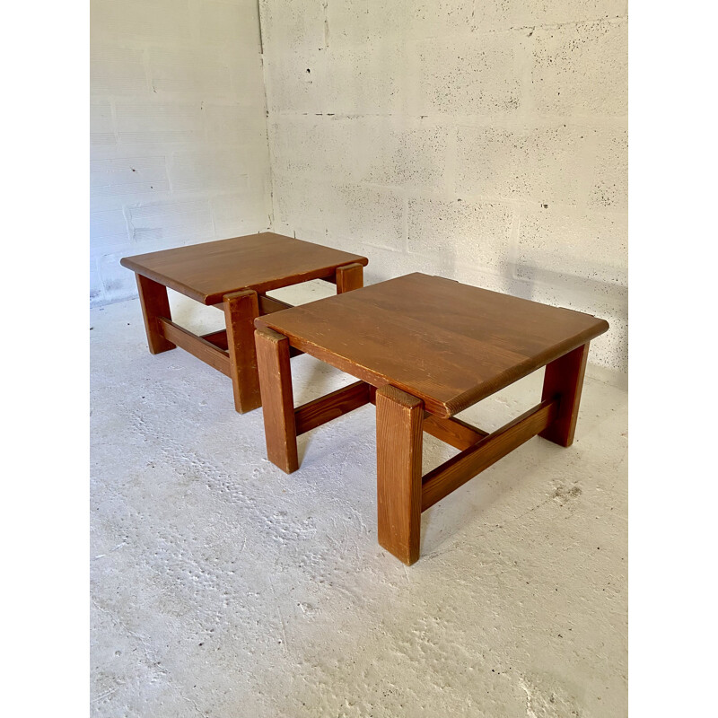 Pair of vintage side tables in solid pine by Charlotte Perriand, 1970s