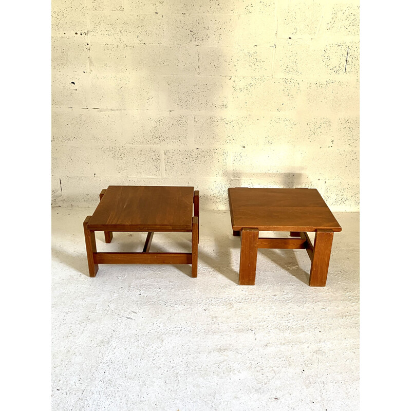 Pair of vintage side tables in solid pine by Charlotte Perriand, 1970s