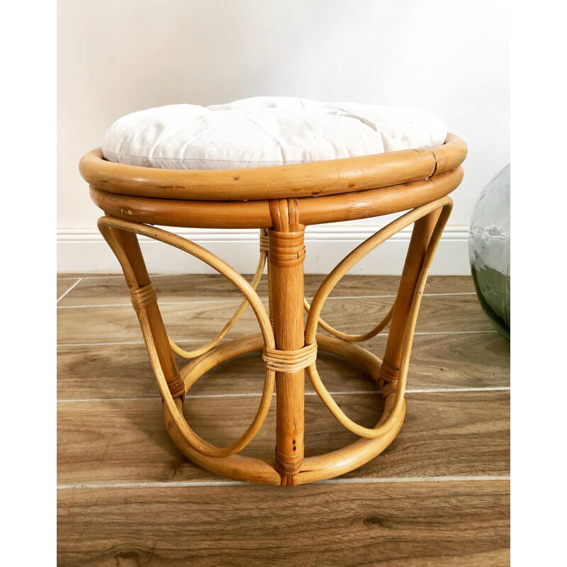 Pair of vintage rattan stools with cushion