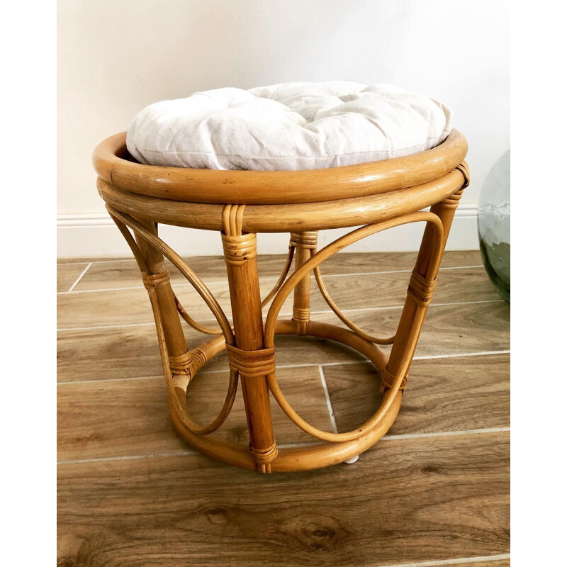 Pair of vintage rattan stools with cushion