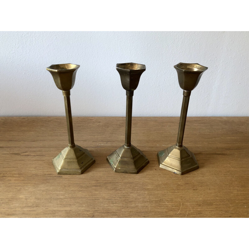 Set of 3 vintage brass candle holders