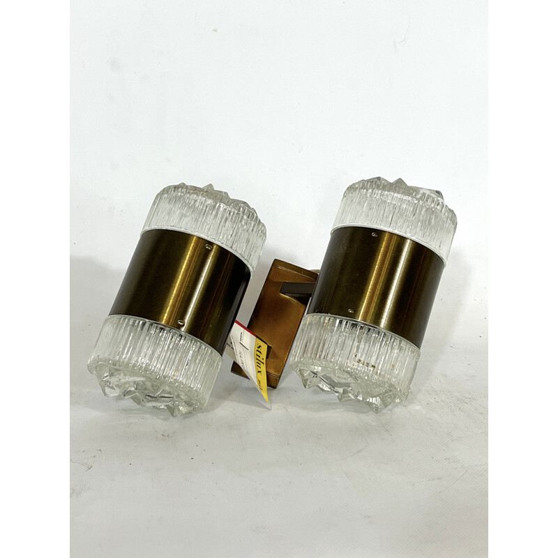 Vintage wall lamp in glass and golden aluminum by Stilux Milano, Italy 1960