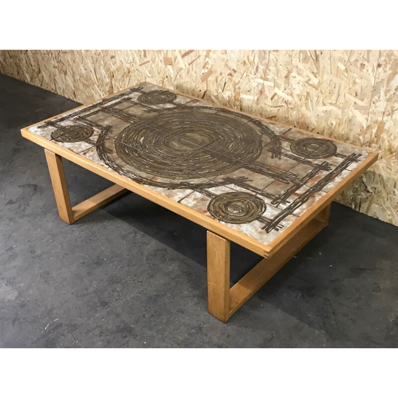 Vintage oakwood and ceramic coffee table Ox-Art, 1960-1970s
