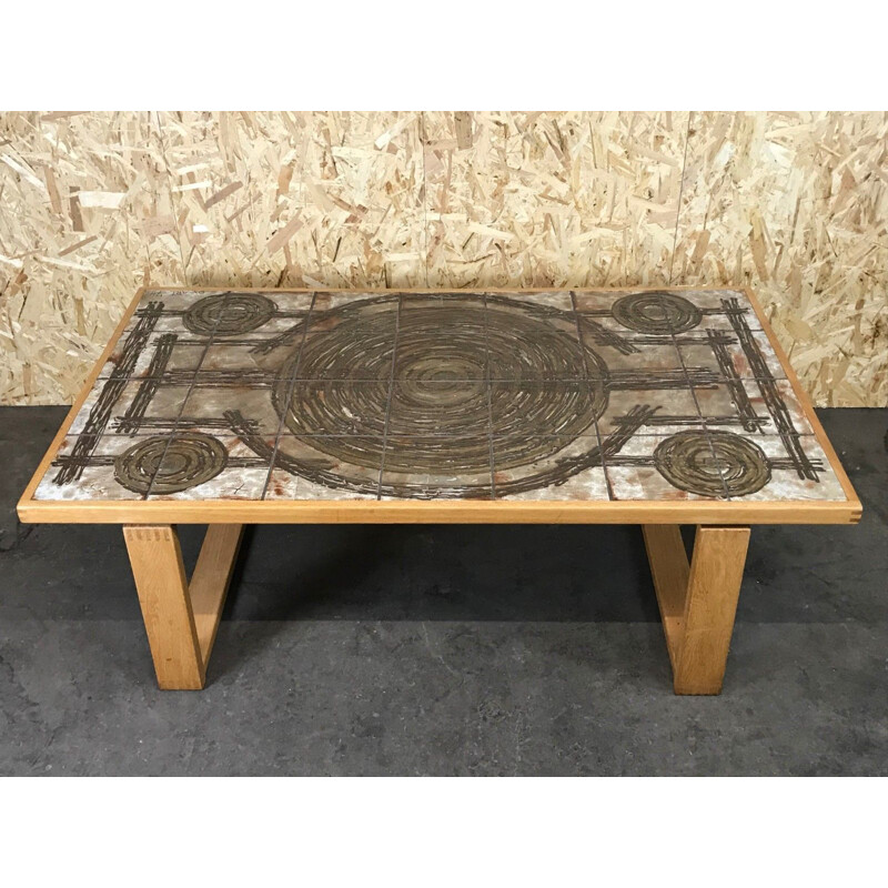 Vintage oakwood and ceramic coffee table Ox-Art, 1960-1970s