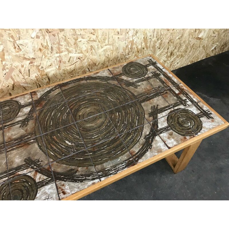 Table basse vintage Ox-Art en chêne et céramique, 1960-1970