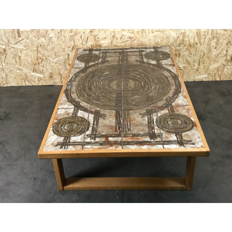Table basse vintage Ox-Art en chêne et céramique, 1960-1970