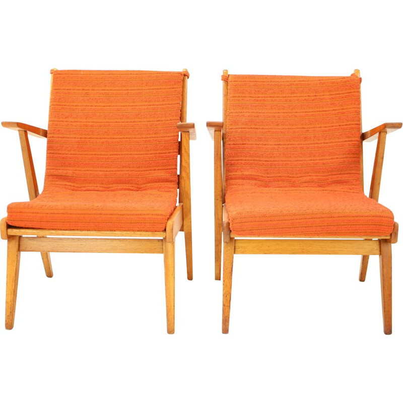 Pair of vintage armchairs in fabric and wood, Czech 1960