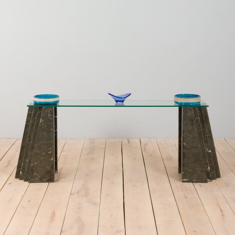Table console vintage en marbre et verre, Italie 1970