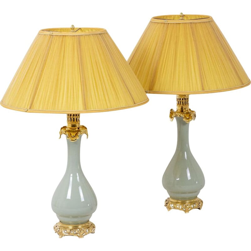 Pair of vintage celadon porcelain and bronze lamps, 1880