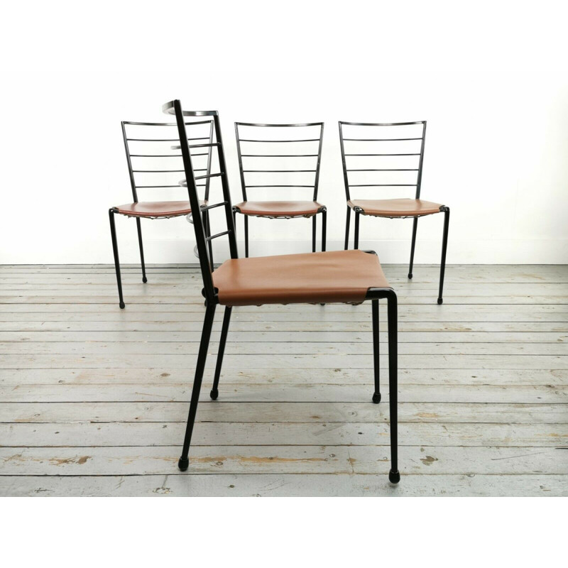 Ensemble de 4 chaises vintage Ladderax en acier et cuir par Robert Heal