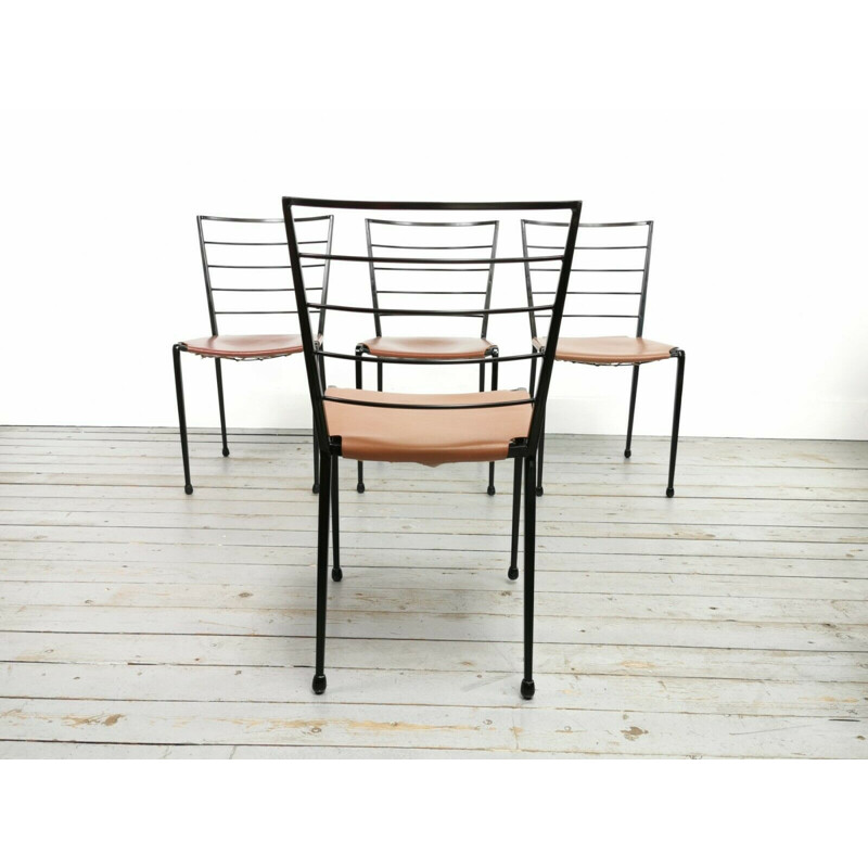 Set of 4 vintage Ladderax steel and leather dining chairs by Robert Heal