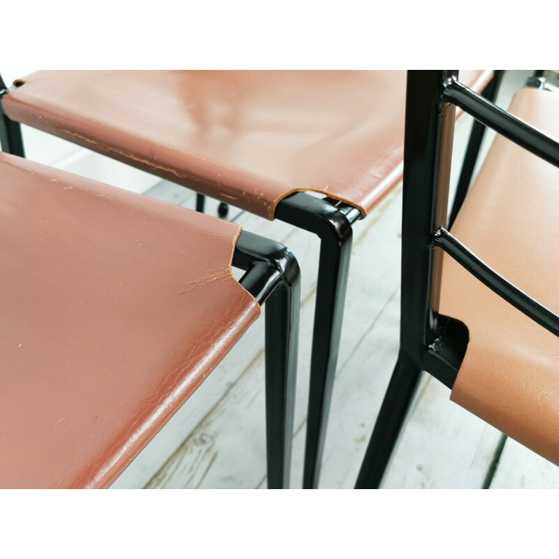 Conjunto de 4 cadeiras de aço e de couro escada de vintage de Robert Heal