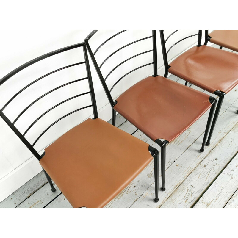 Set van 4 vintage Ladderax stalen en lederen stoelen van Robert Heal
