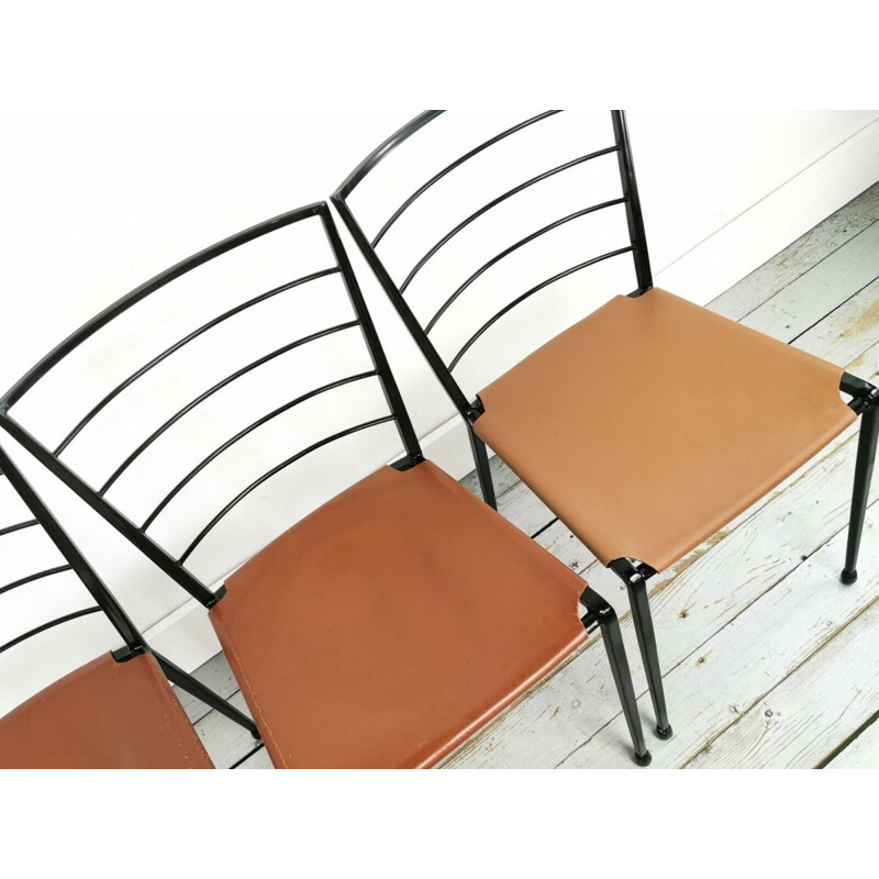 Set of 4 vintage Ladderax steel and leather dining chairs by Robert Heal