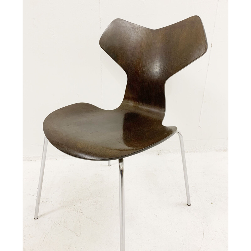 Set of 6 mid-century wood and metal dining chairs by Arne Jacobsen for Fritz Hansen, Denmark 1960s