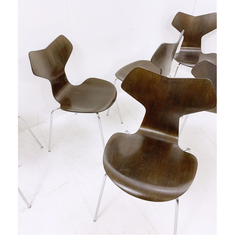 Set of 6 mid-century wood and metal dining chairs by Arne Jacobsen for Fritz Hansen, Denmark 1960s
